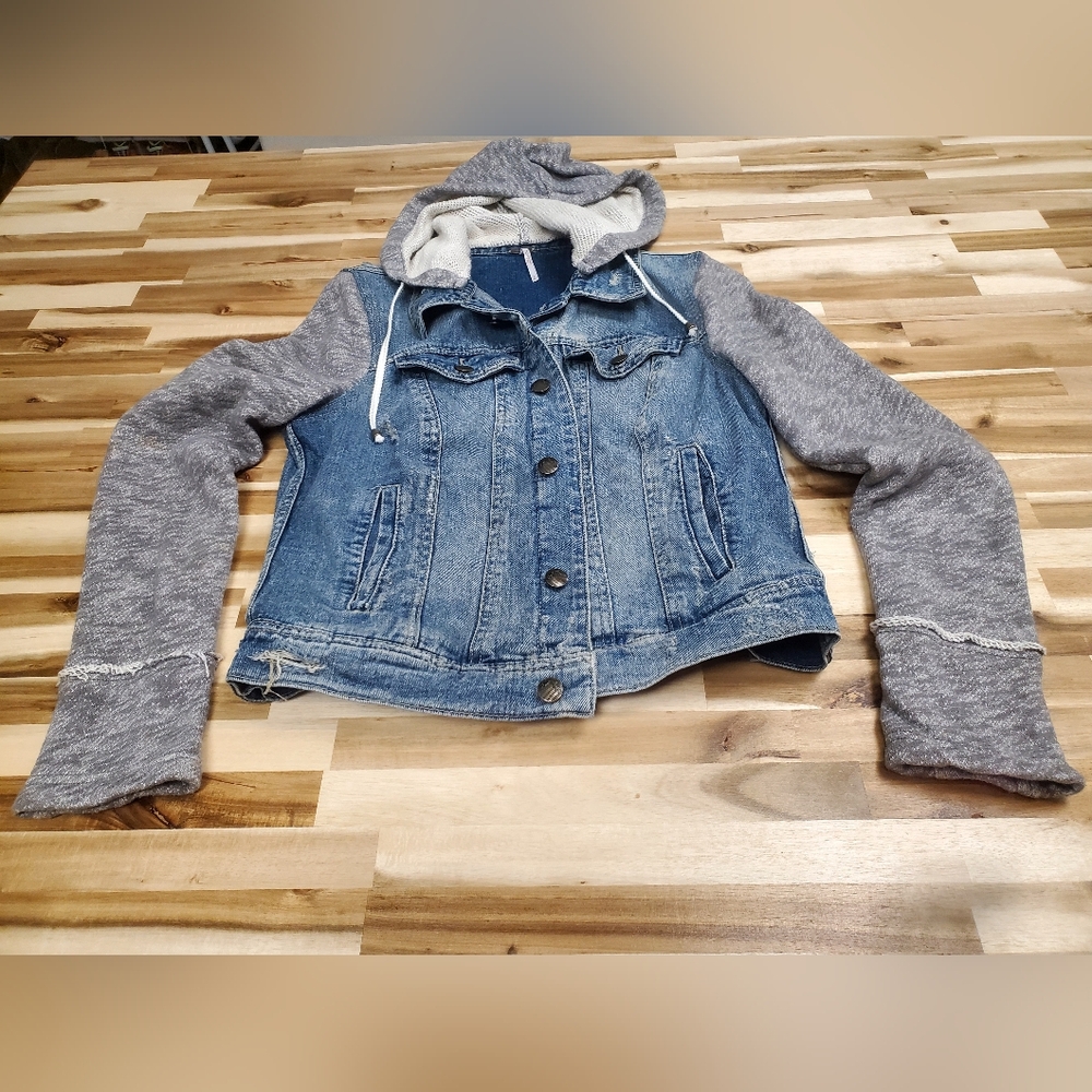 Free People Denim and Gray Hooded Jacket